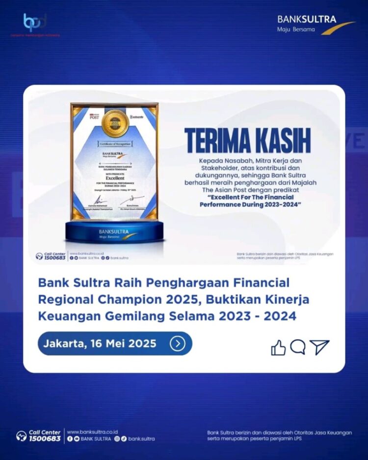 Bank Sultra Raih Penghargaan Financial Regional Champion 2025, Buktikan Kinerja Keuangan Gemilang Selama 2023-2024