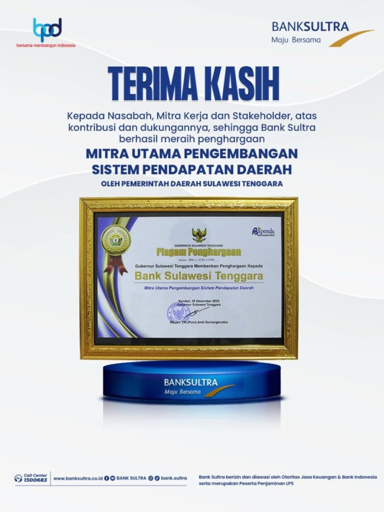 Perkuat Ketahanan Fiskal Daerah, Bank Sultra Raih Penghargaan “Mitra Utama Pengembangan Pendapatan Daerah” pada Bapenda Fest 2025