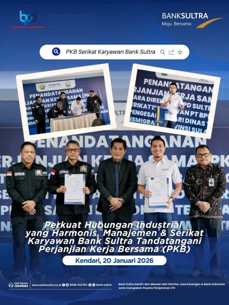 Perkuat Hubungan Industrial yang Harmonis, Manajemen dan Serikat Karyawan Bank Sultra Tandatangani Perjanjian Kerja Bersama (PKB)