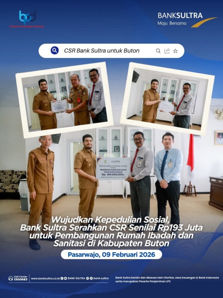 Wujudkan Kepedulian Sosial, Bank Sultra Serahkan CSR Senilai Rp193 Juta untuk Pembangunan Rumah Ibadah dan Sanitasi di Kabupaten Buton