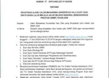 Tata Cara Registrasi Ulang Calon Mahasiswa UHO yang Dinyatakan Lulus Jalur SNBP 2026