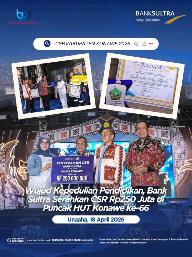 Wujud Kepedulian Pendidikan, Bank Sultra Serahkan CSR Rp250 Juta di Puncak HUT Konawe ke-66